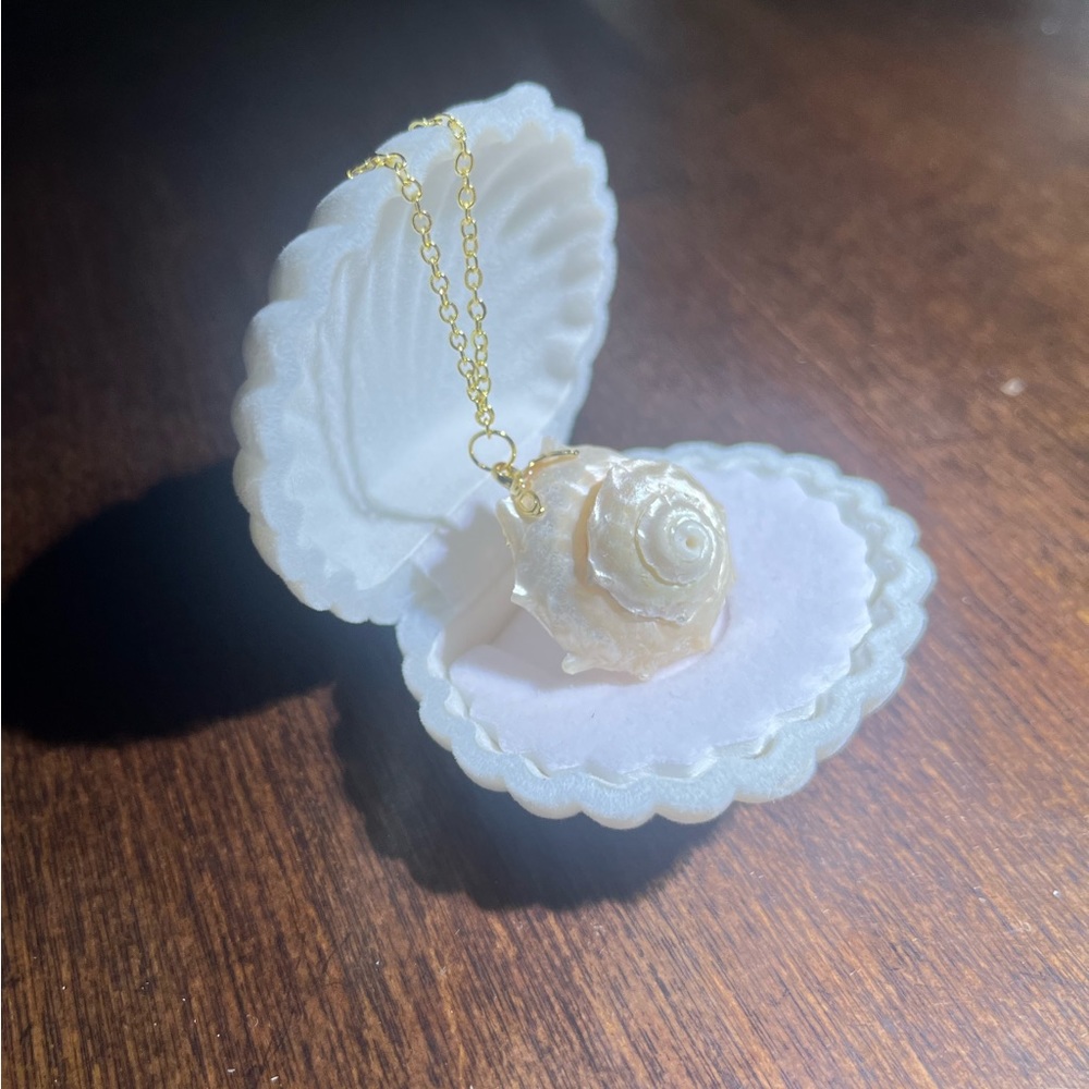 Beautiful handmade pearled spiral shell necklace!